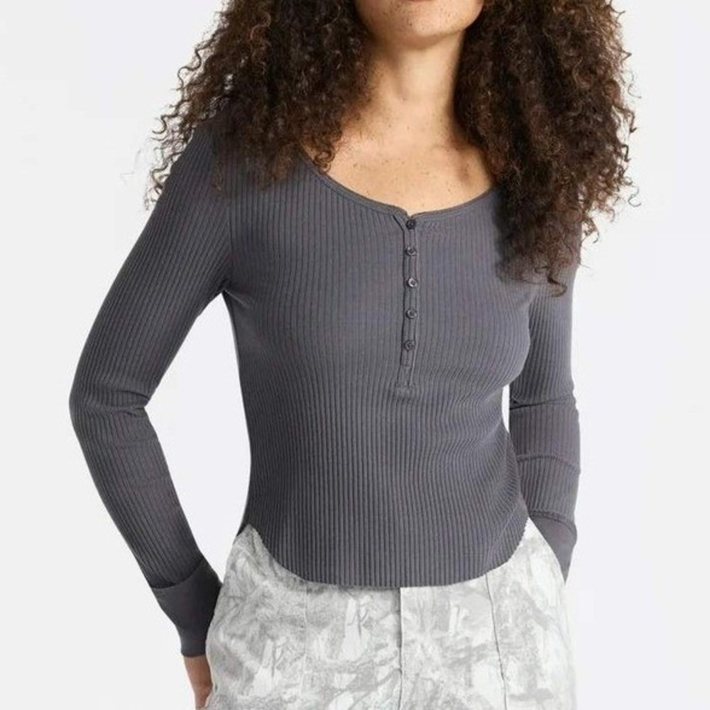 Ribbed Shirttail Henley Top Y2K Vibe Scoop Neck XXL Charcoal‎ Gray Shirt 2XL NWT